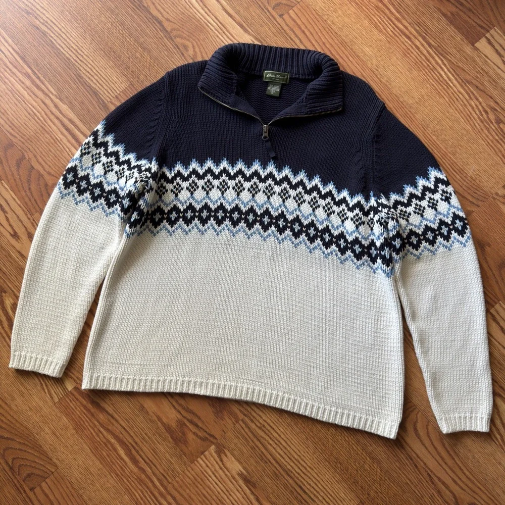 Eddie Bauer Quarter‎ Zip Sweater Mens XL Tall Navy White Fair Isle Vintage Y2K